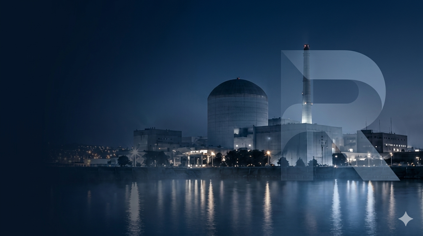 Nuclear power station at dusk with the ROAK R monogram